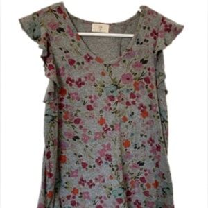ANTHROPOLOGIE Grey Floral Ruffle Sleeveless Cotton top.